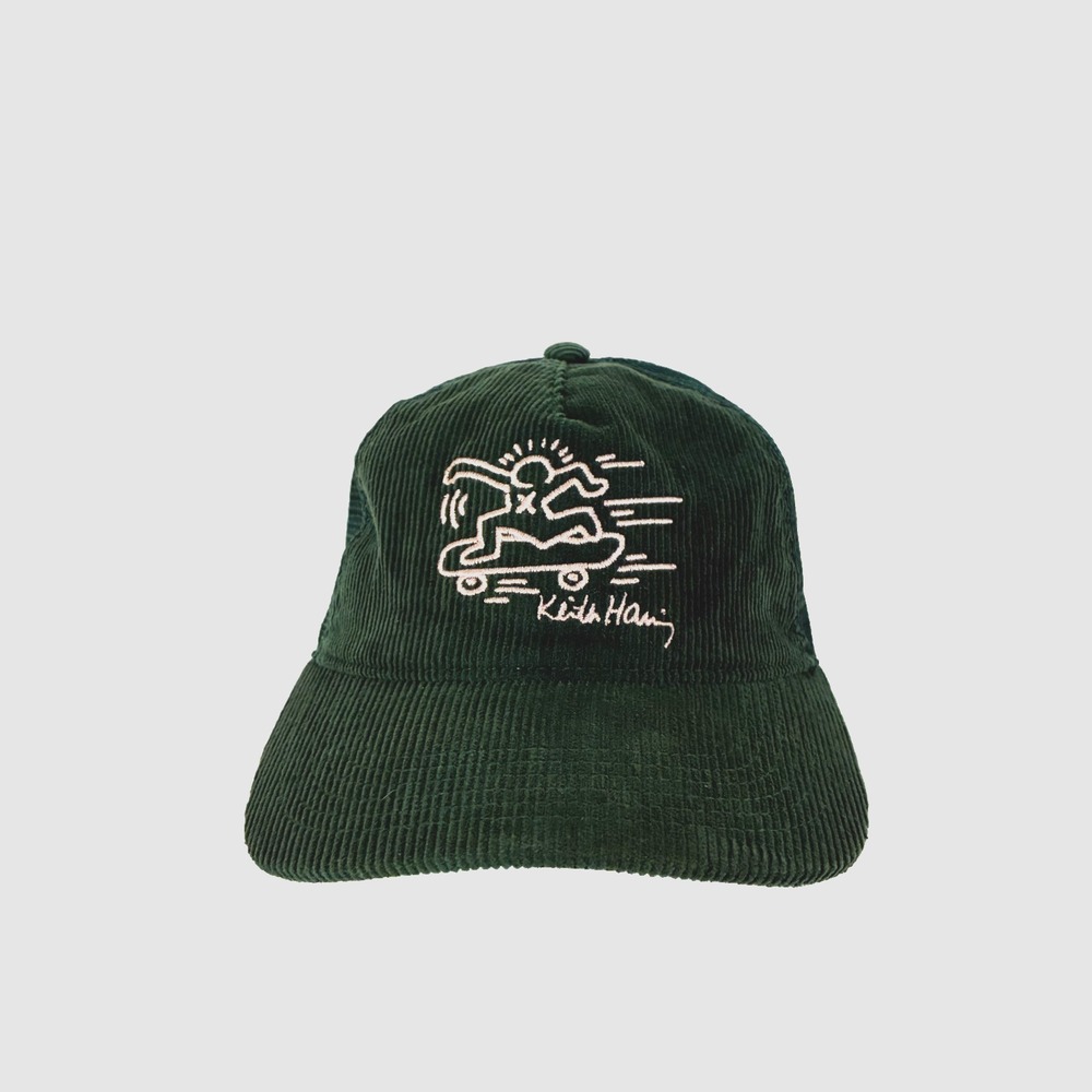 Keith Haring x Mad Engine Corduroy Trucker Snapback Hat Cap Green Mesh Art